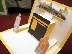 Hajj Popup Card showing the Kaaba, Maqaam Ibrahim and a Pilgrim in Ihram