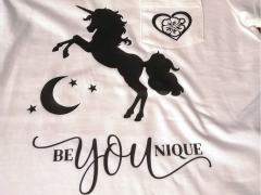 Custom cut Unicorn logo added to a tshirt with HTV